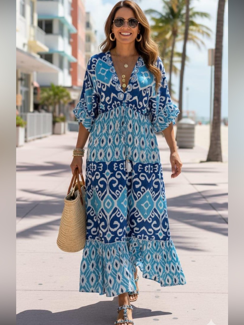 ShopEvelynne Blue & Teal Patterned V-Neck Maxi Dress